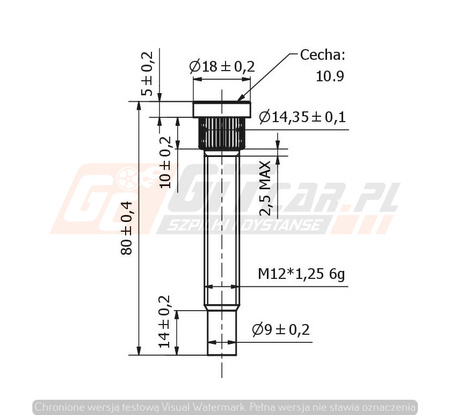 Kuta Szpilka radełkowana do piasty z pilotem M12x1,25x75mm rad 14,3 NISSAN SUBARU