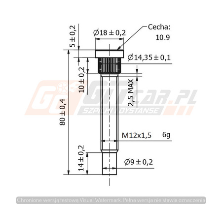 Kuta Szpilka radełkowana do piasty z pilotem M12x1,5x75mm rad 14,3 MITSUBISHI LEXUS TOYOTA