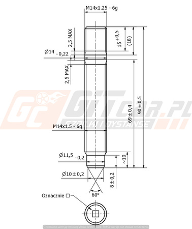 Kuta Szpilka wkręcana w piastę z pilotem M14x1,25x90mm