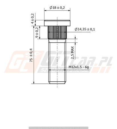Kuta Szpilka radełkowana do piasty M12x1,5x75mm rad 14,3 MITSUBISHI TOYOTA LEXUS