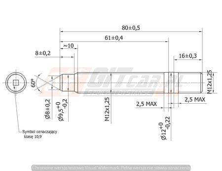 Kuta Szpilka wkręcana w piastę z pilotem M12x1,25x80mm
